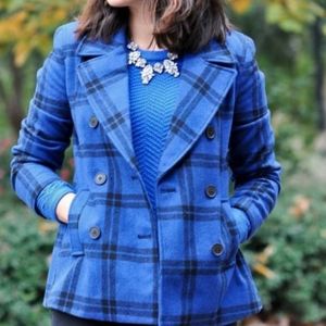 Blue Plaid Pea Coat Old Navy M